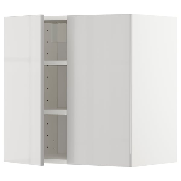 White modern kitchen cabinet with grey shelves and high gloss finish, featuring two closed doors and adjustable interior shelf.