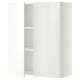 White high-gloss kitchen cabinet with one open door, two shelves. Modern and sleek design.