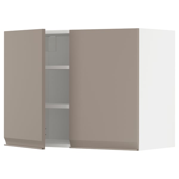 Pinkish-grey modern wall cabinet with handle-less design and shelves.