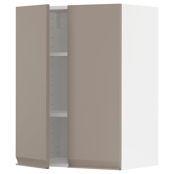 METOD kitchen cabinet in grey-beige with one open door revealing adjustable shelves.