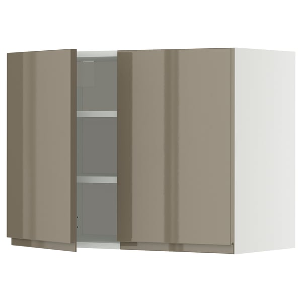 Modern beige kitchen cabinet with glass doors, glossy finish, 2 adjustable shelves, ikea METOD.