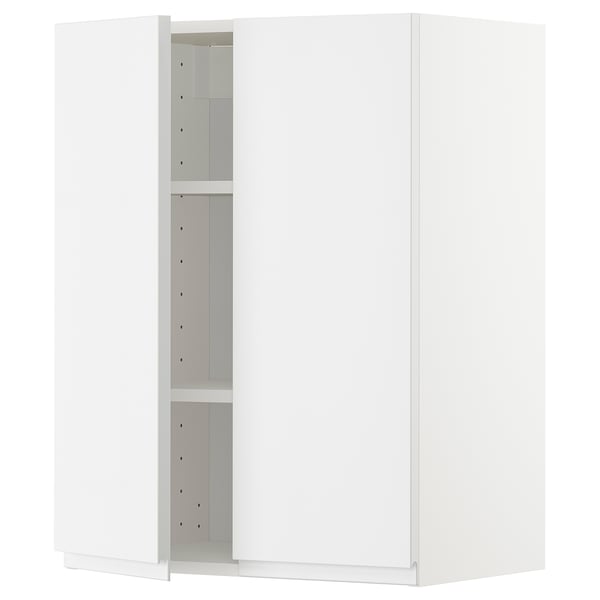 White high-gloss kitchen cabinet with adjustable shelves.