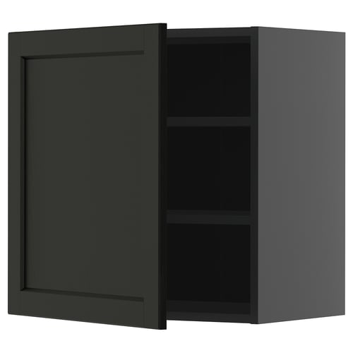Dark green wall-mounted cabinet with single door and two shelves.