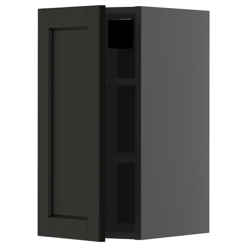 METOD black stained wood kitchen cabinet with adjustable shelves.