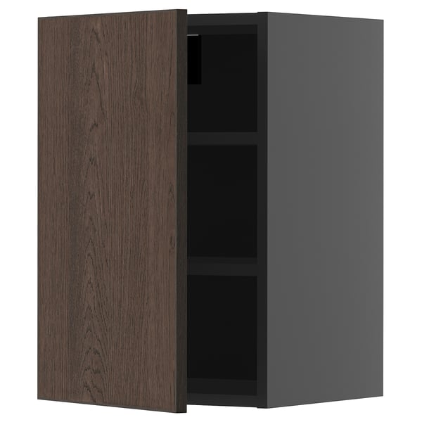Open wall cabinet in grey and dark wood, rectangular shape with one shelf.