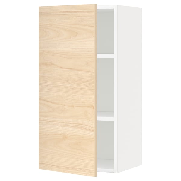 METOD kitchen cabinet with ash-patterned door, white, single adjustable shelf.