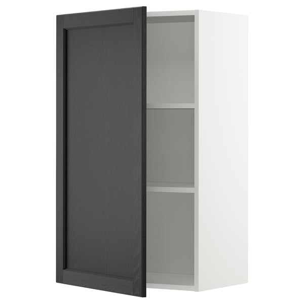 Modern wall cabinet in white with dark wood door open, revealing gray shelves.