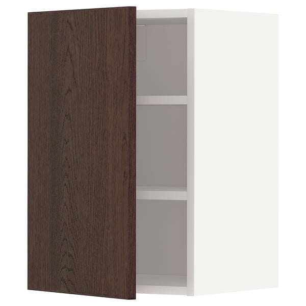 Dark brown oak cabinet, single door open revealing shelves.