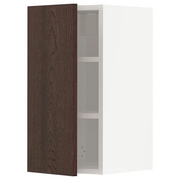 Open wall cabinet, dark brown wood, white interior, adjustable shelf.