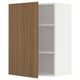 Modern white kitchen cabinet with walnut door. Square shape, smooth finish, single door, two shelves.