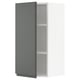 A modern, grey kitchen cabinet with a sleek design and adjustable shelves.