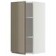 Modern METOD wall cabinet in white with high gloss dark grey-brown door, adjustable shelves, sleek design.