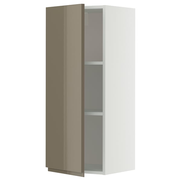 Modern tall white cabinet with dark glossy door, integrated handles, adjustable shelf.