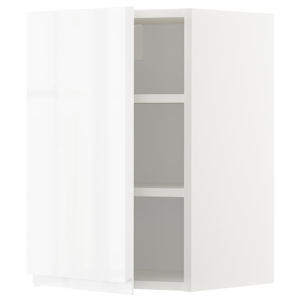 Modern white high gloss METOD kitchen cabinet with adjustable shelves, sleek handles, and sturdy particleboard construction.