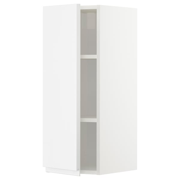 A white high gloss METOD kitchen wall cabinet with two shelves.