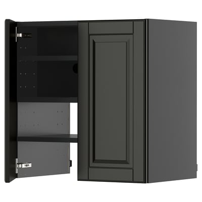 Dark gray kitchen cabinet with one door open, revealing adjustable shelves. Modern design with beveled edges.