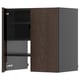 A dark brown wooden cabinet with an open door revealing adjustable shelves inside.
