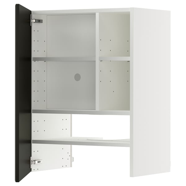 A white METOD kitchen cabinet with a black door and beveled edges. It has adjustable shelves and a 25-year guarantee.