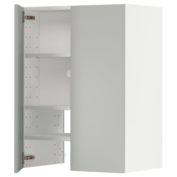 White METOD kitchen cabinet, minimalist design, open door, adjustable shelves, grey interior.