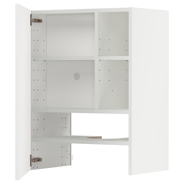 White, empty METOD storage cabinet with glass doors, showing shelves.