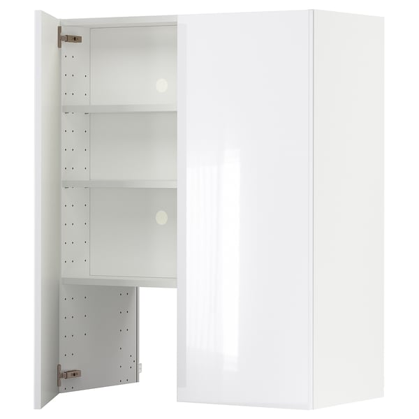 Modern white high-gloss cabinet with mirrored door and adjustable shelves.