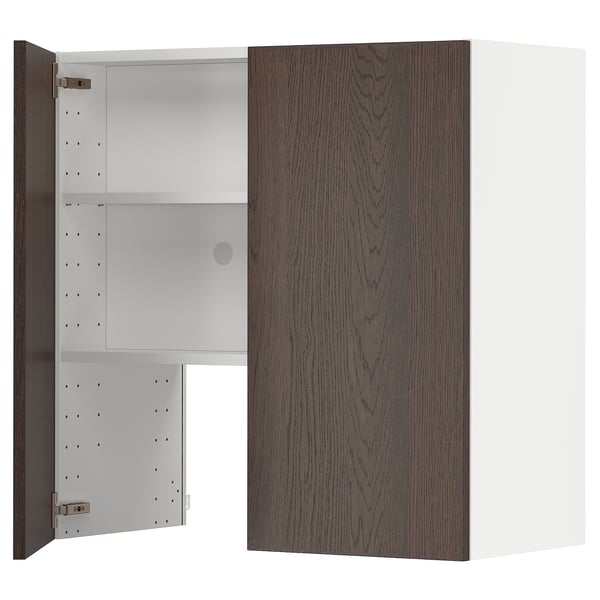 Modern dark brown kitchen cabinet with adjustable shelves, one open door revealing white interior.