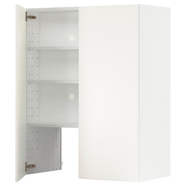 White METOD kitchen cabinet with adjustable shelves and snap-on hinges, sleek design.