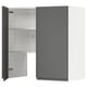 Black and white modern cabinet, left door open, exposed shelves against a white backdrop.