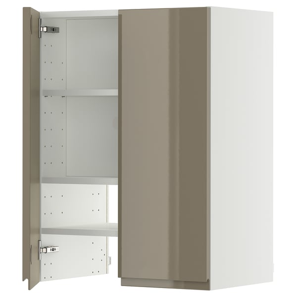 Modern kitchen cabinet, high gloss beige-brown, metal handles, rectangular shape, mirrored door.