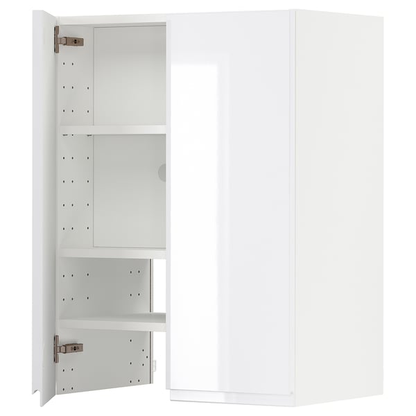 High-gloss white METOD kitchen cabinet with adjustable shelves and reversible door, modern design.
