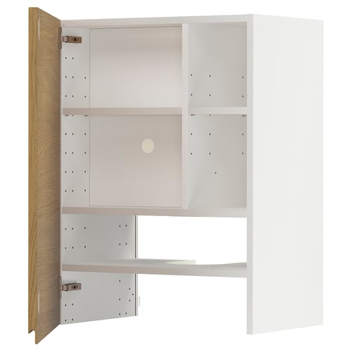 Depicts a METOD kitchen cabinet in white with oak-trimmed doors. It has multiple shelves inside and a minimalist design.
