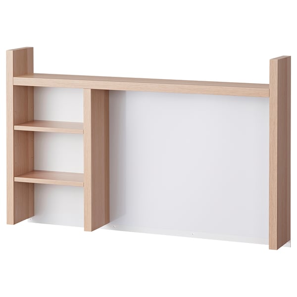 MICKE, light wood desk, light brown, rectangular, five shelves, clean design.