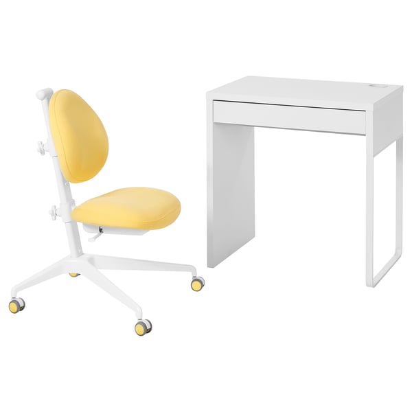 Modern kids desk & yellow chair set. White desk, single drawer, rounded edges & wheels. Chair has yellow seat/back, white metal base.