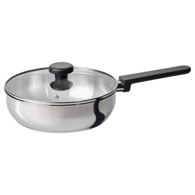 Silver sauté pan with black handle and glass lid, modern design.