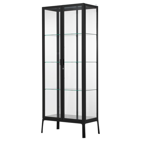 MILSBO glass display cabinet, black, with four adjustable glass shelves and a lock for secure storage.