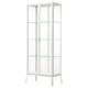 MILSBO glass-door cabinet in white. Minimalist, sleek design with adjustable glass shelves. Use for display or secure storage.
