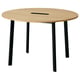 A round, wooden conference table named MITTZON with four black legs. It has a sleek design and includes cable management.