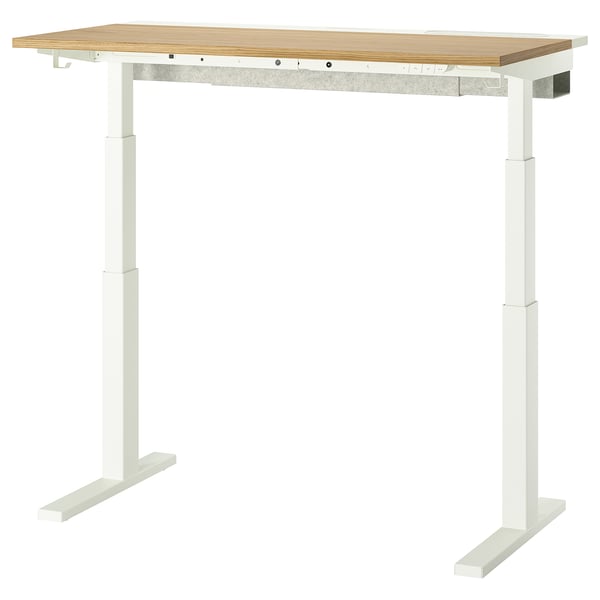 This image shows a MITTZON sit-stand desk in beige with a light wood top and electric height adjustment.