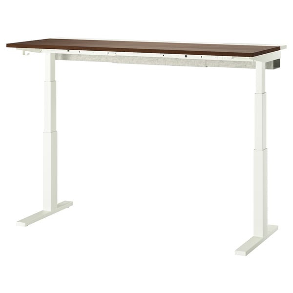 MITTZON sit-stand desk: brown top, white legs; modern, sleek design.