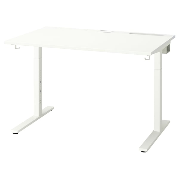 A white, rectangular MITTZON height-adjustable office desk. It has a sleek design with metal legs and supports cable management.