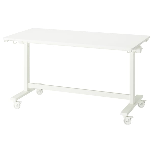 MITTZON: white, adjustable, rectangular desk on wheels, with foldable legs and hooks on each side.