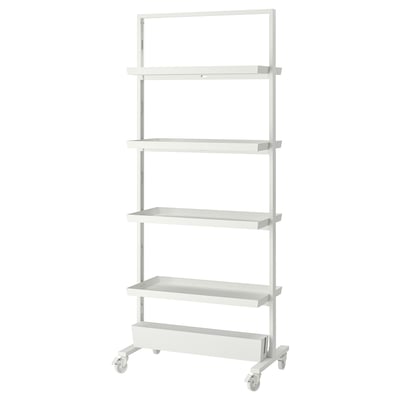 MITTZON, white mobile shelving unit with four shelves and wheels for office use.