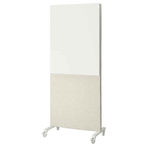 MITTZON: mobile whiteboard on wheels, off-white, textured half, sound-absorbing.