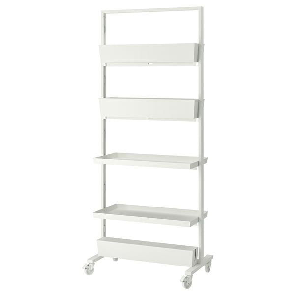 White MITTZON shelving unit on wheels, 4 open shelves for storage or display.