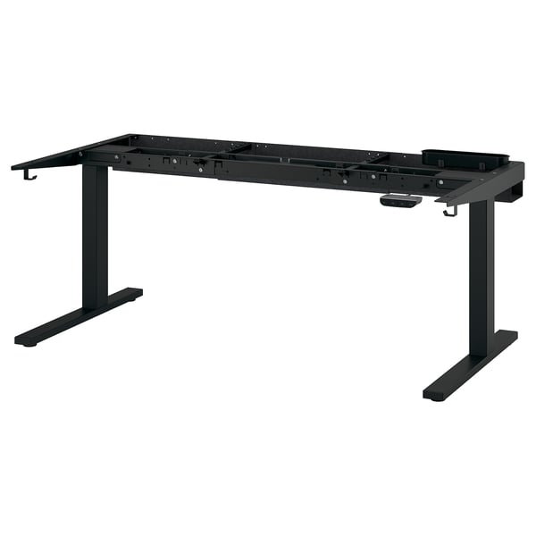Black height-adjustable desk frame with hooks, suitable for sit/stand desks.