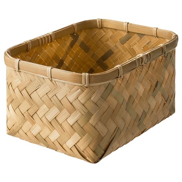 Handwoven bamboo basket, natural colour, square shape with handles, rustic design.