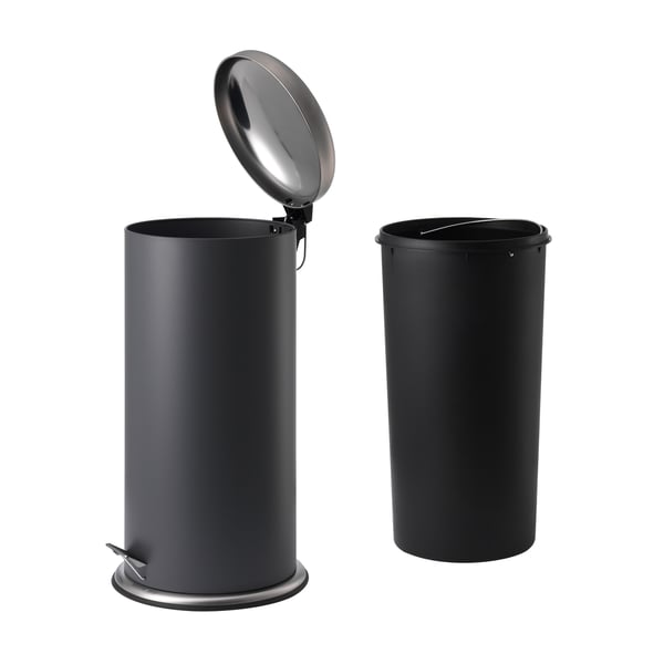 Two sleek, modern rubbish cans shown, one with lid open, both in dark grey with stainless steel accents, highlighting durable design and functional.