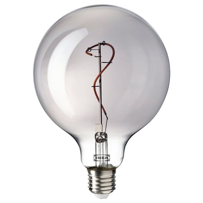 Ikea MOLNART lightbulb, round shape, smoked glass, spiral filament, warm 1800k.