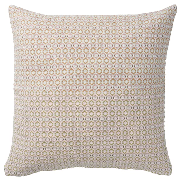 Square MOROTSMOTT pillow, light pink & white, woven pattern, recycled cotton.