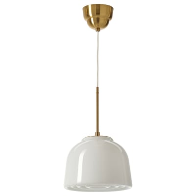 MUDDERVERK pendant lamp, brass, white glass, globe-shaped.